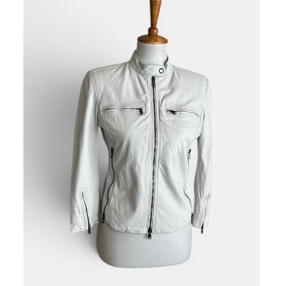 R13 R13 Cafe Racer White Lambskin Leather Jacket 3/4 Slv Italy Size M / US 6-8 / IT 42-44 - 2 Thumbnail
