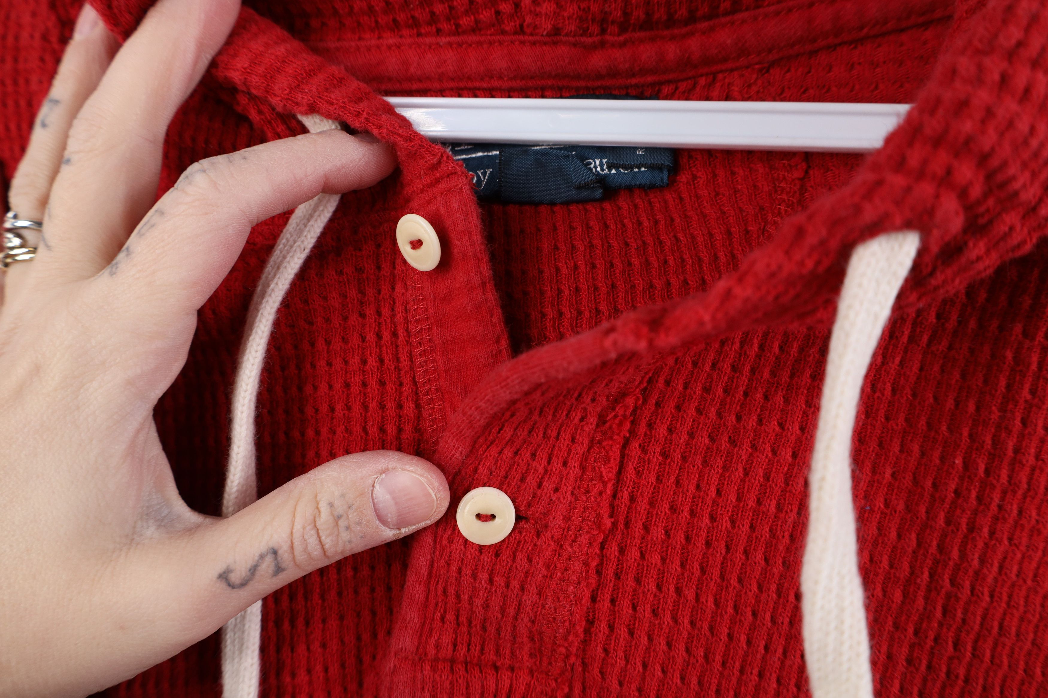 Ralph Lauren Vintage 90s Ralph Lauren Waffle Knit Henley Hoodie Red Size US XXL / EU 58 / 5 - 5 Thumbnail