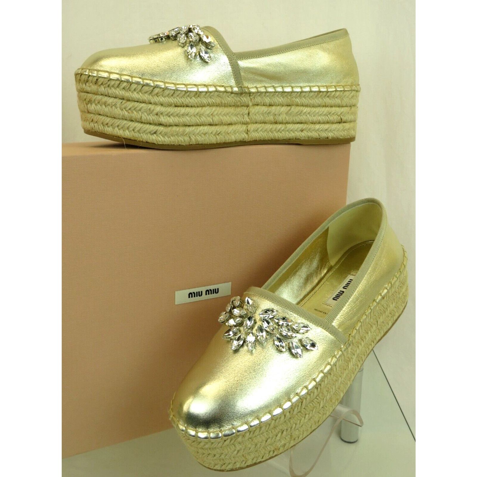 image of Miu Miu 5S963C Gold Leather Crystals Espadrille Platform Loafers 41, Women's (Size 11)