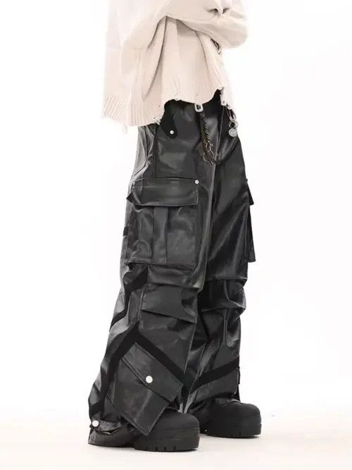 Japanese Brand Vintage Street Punk Pleated Multi-Pocket Leather Pants Size US 28 / EU 44 - 4 Thumbnail
