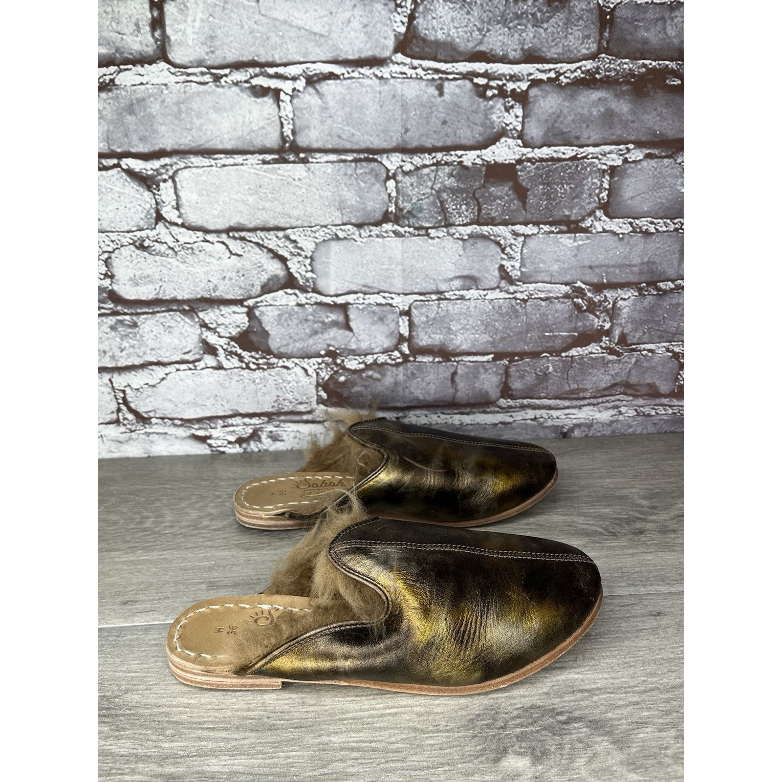 Saba Sabah Baba Big Bend Olive Shearling Bronze Slippers Mules Fl Size US 6 / IT 36 - 6 Thumbnail