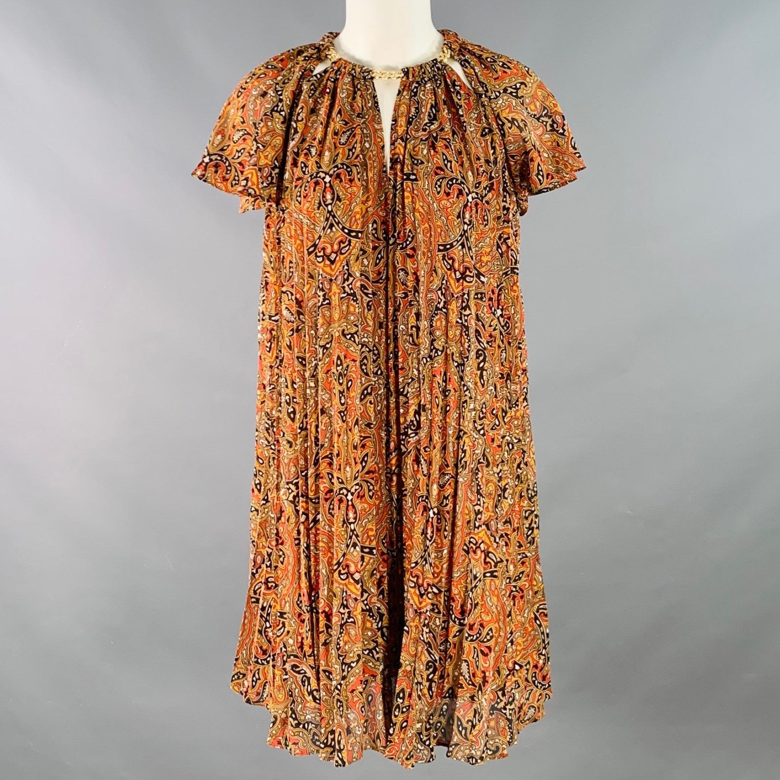 XS Orange Black Polyester Accordion Pleated Cocktail Dress