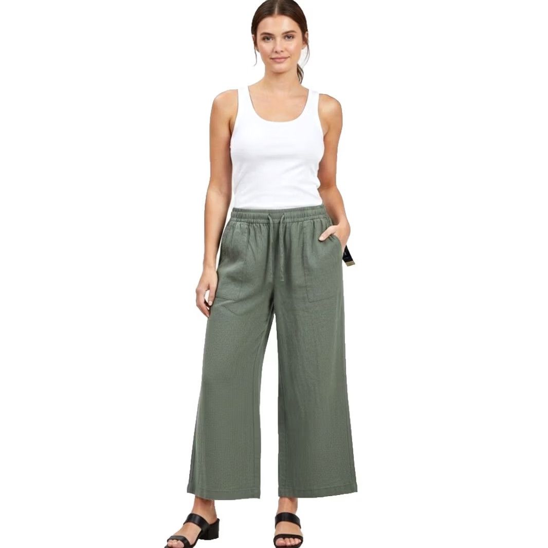 Old Navy Old Navy Pants Womens L Wide-Leg Linen Blend Olive Green Beachy Tropical Size 36" / US 14 / IT 50 - 3 Thumbnail