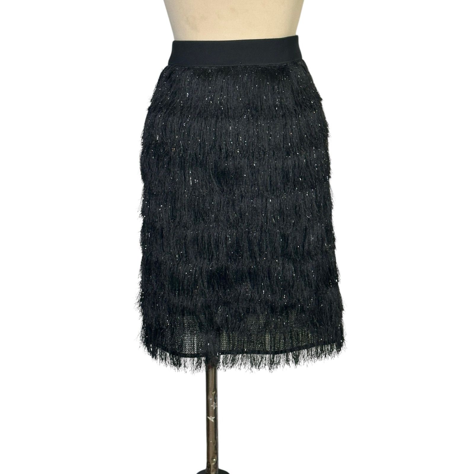 BCBGMaxAzria black metallic fringe skirt size large