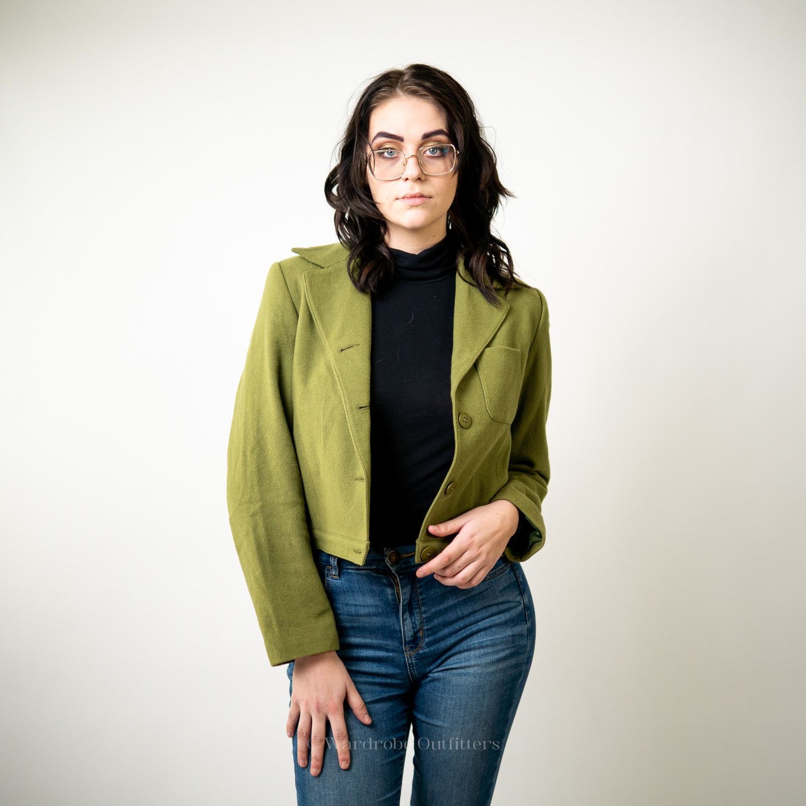 Vintage Vintage Olive Green Cropped Wool Blazer Jacket - 8 Size M / US 6-8 / IT 42-44 - 2 Thumbnail
