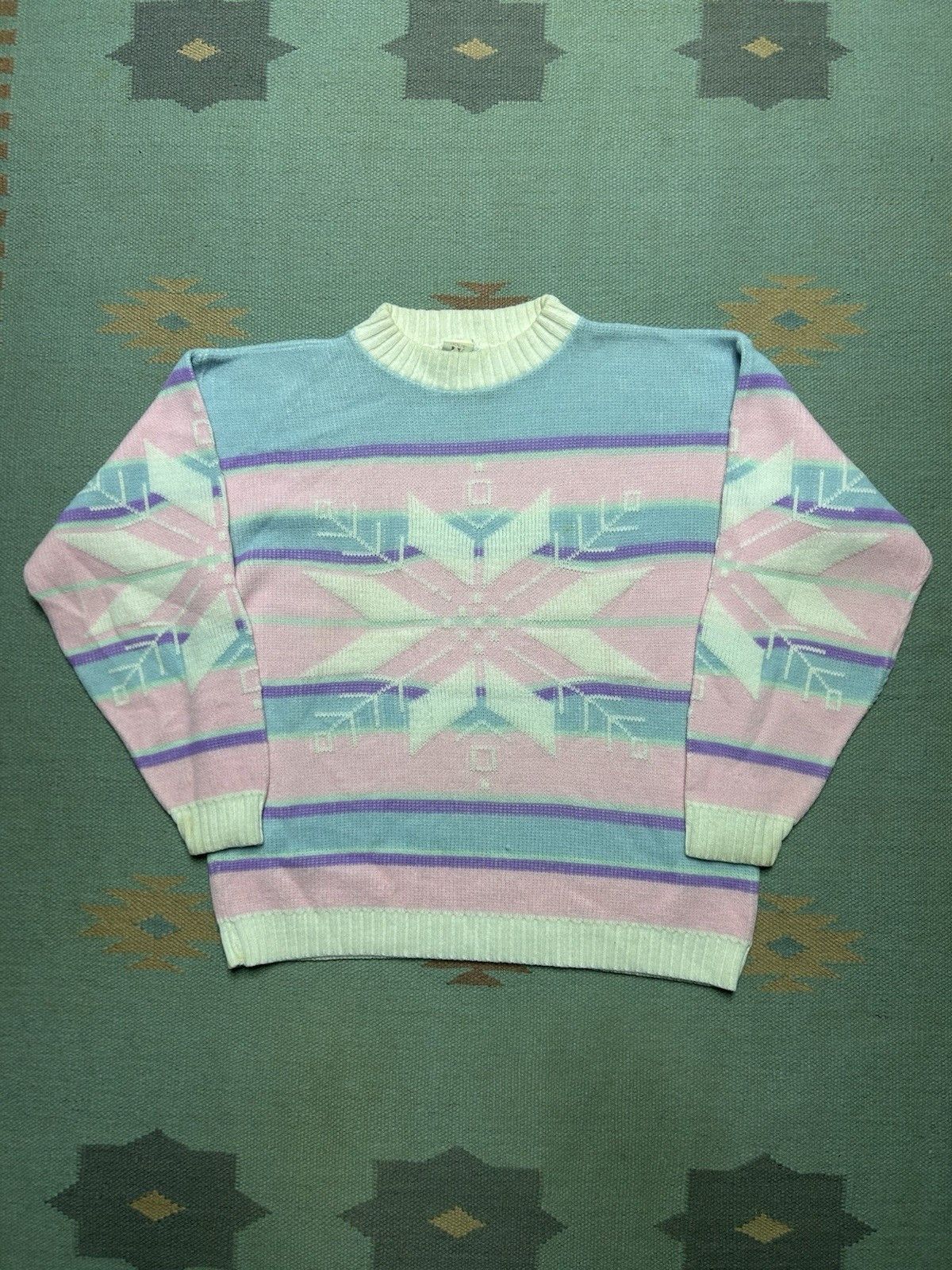 Vintage 80s acrylic knit sweater pastel snowflake rose fairy kei L Size L / US 10 / IT 46 - 1 Thumbnail
