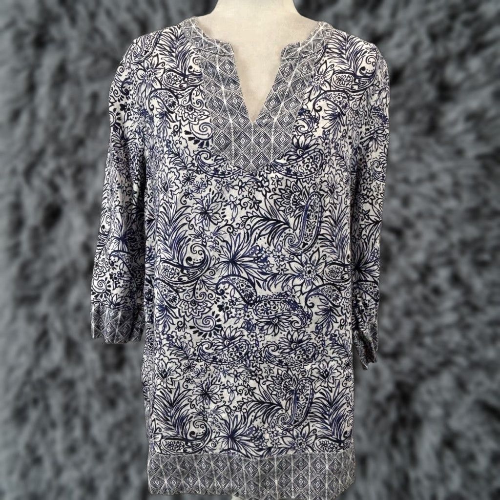 Vintage VINTAGE Sigrid Olsen Linen Tunic Women’s Large Blue Paisley 3/4 Sleeve Casual Bohemian Summer Size L / US 10 / IT 46 - 1 Thumbnail
