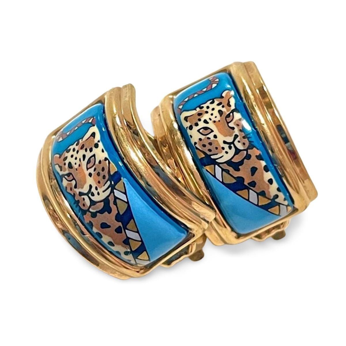 Vintage Hermes blue cloisonne enamel earrings with panther