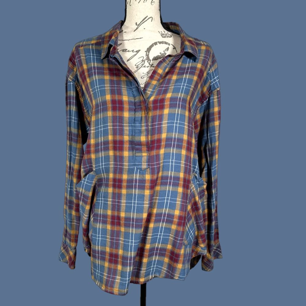 KAVU KAVU Womens Medium Blue Yellow Plaid Flannel Long Sleeve Tunic Shirt with Pockets Size M / US 6-8 / IT 42-44 - 1 Thumbnail