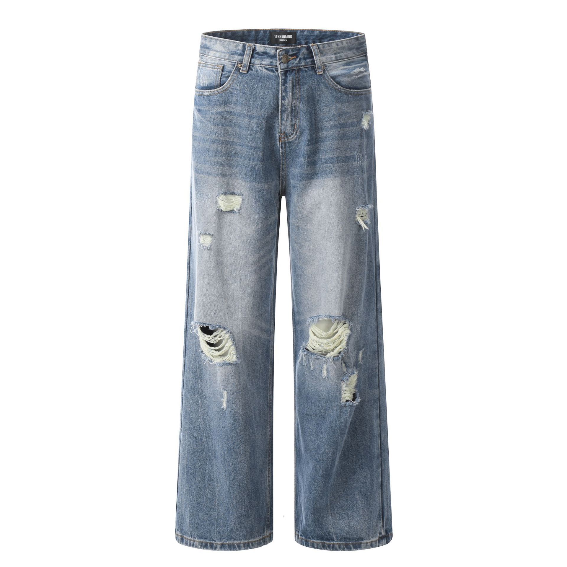 Japanese Brand × Jean American retro men's loose washed straight ripped jeans Size US 34 / EU 50 - 1 Thumbnail