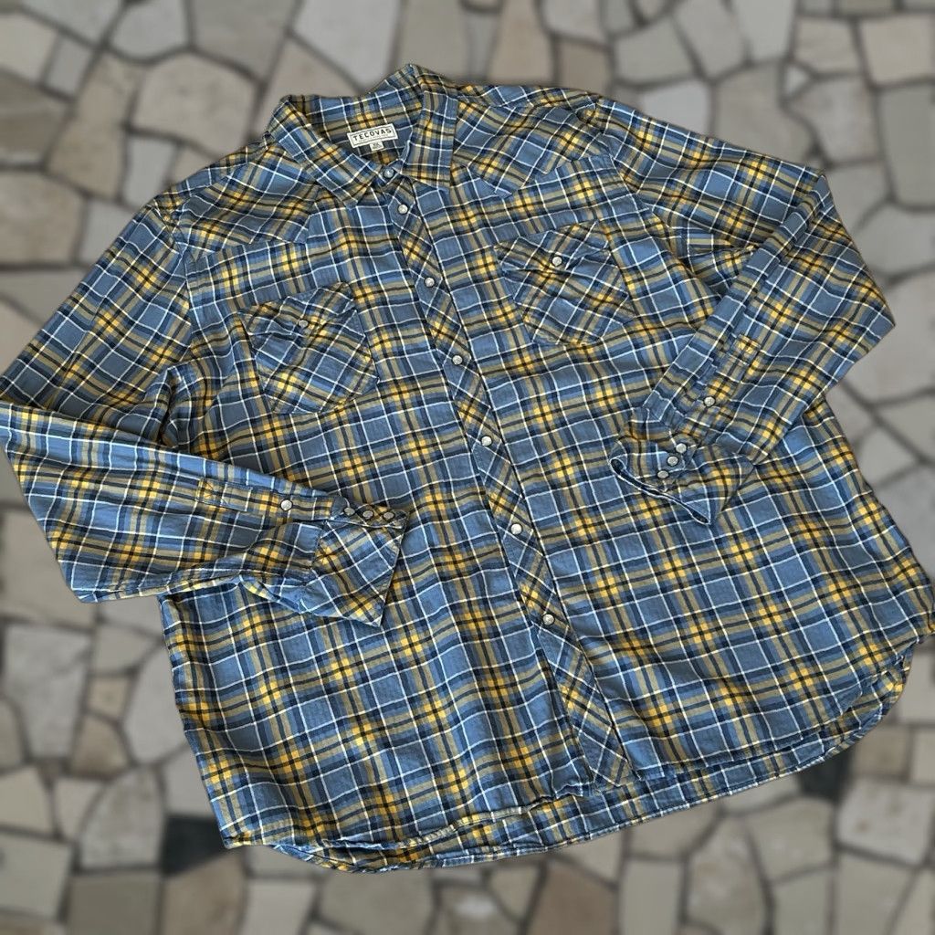 Tecovas Shirt Western Pearl Snap Flannel Plaid Long Sleeve Men’s 2XL Blue Cotton Regular Fit Button-Up Casual 2000s Western Logo Texas Mens