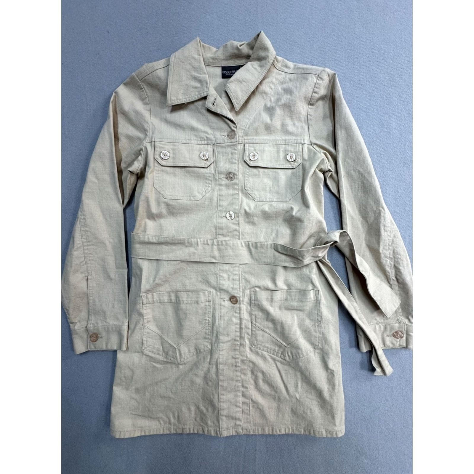 Vintage Bisou Bisou Set Womens 6 Beige Jacket Pants 2 Piece Safari Stretch Size 28" / US 6 / IT 42 - 2 Thumbnail