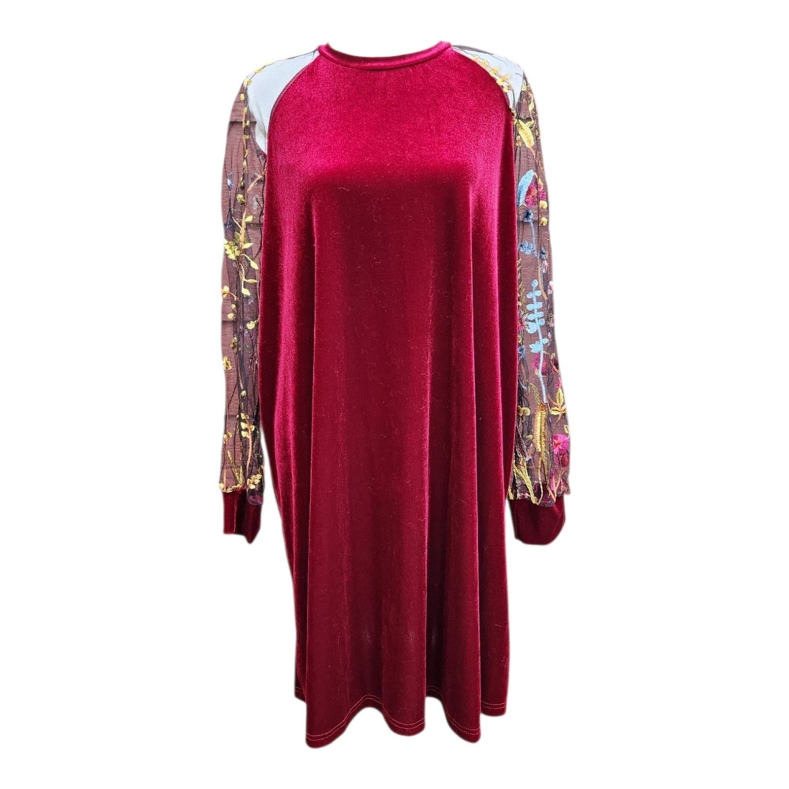 Shein Shein 1X Burgundy Velvet Floral Mesh Sleeve Dress Size XL / US 12-14 / IT 48-50 - 1 Thumbnail