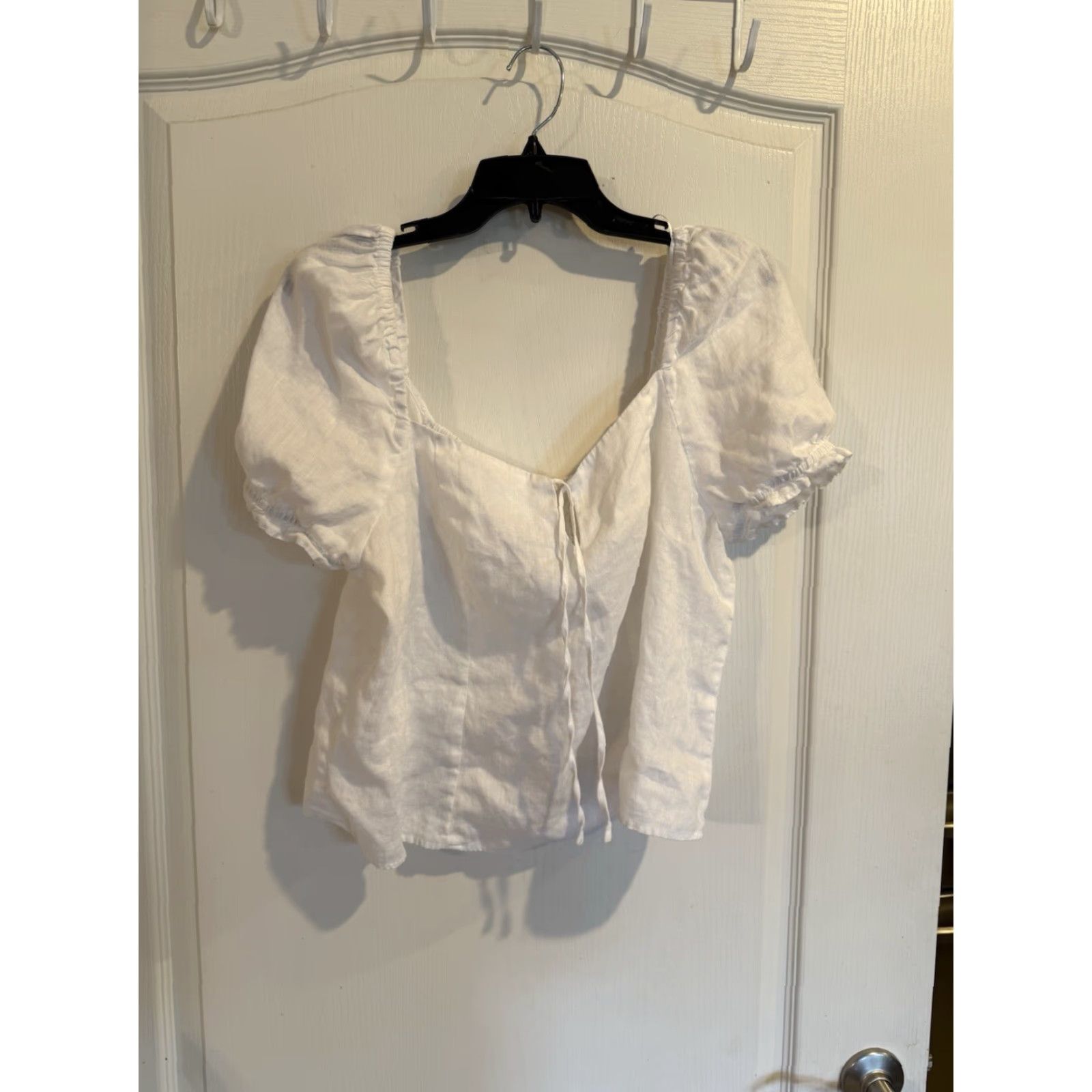 H&M VINTAGE H&M Shirt Women XL White Linen Short Puff Sleeve Smocked back Top Size XL / US 12-14 / IT 48-50 - 2 Thumbnail