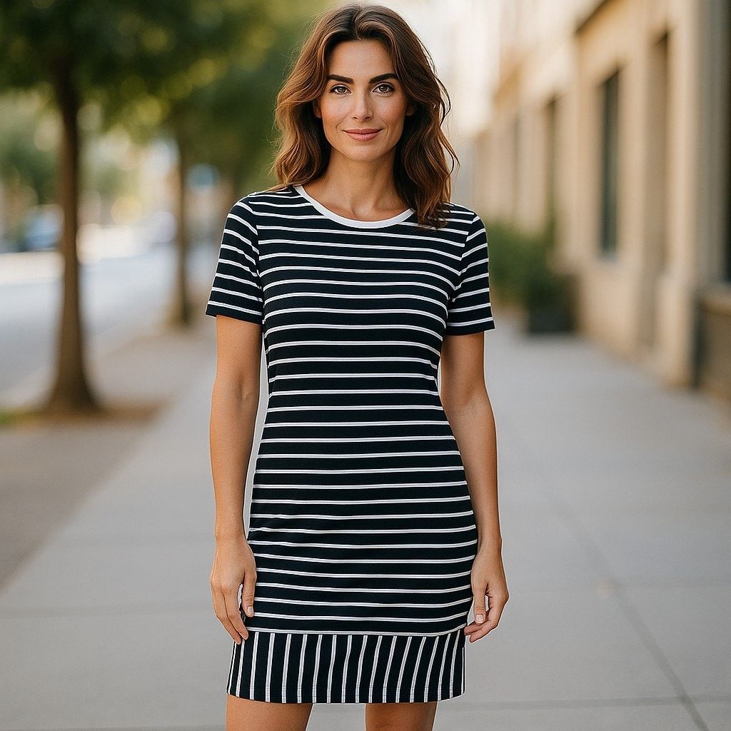 Other LuLaRoe Julia Dress Black White Horizontal Vertical Stripes