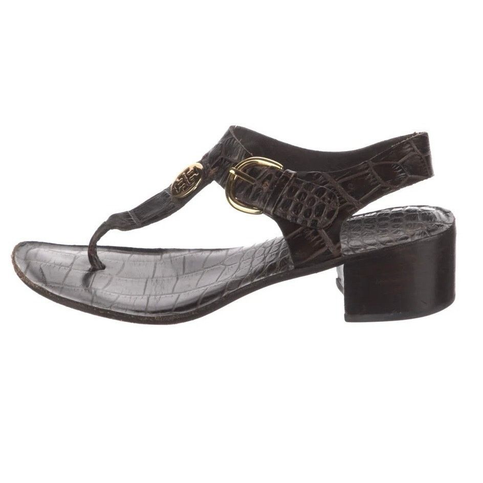 Tory Burch Brown Croc Embossed Leather T-Strap Sandals 5.5, Women's