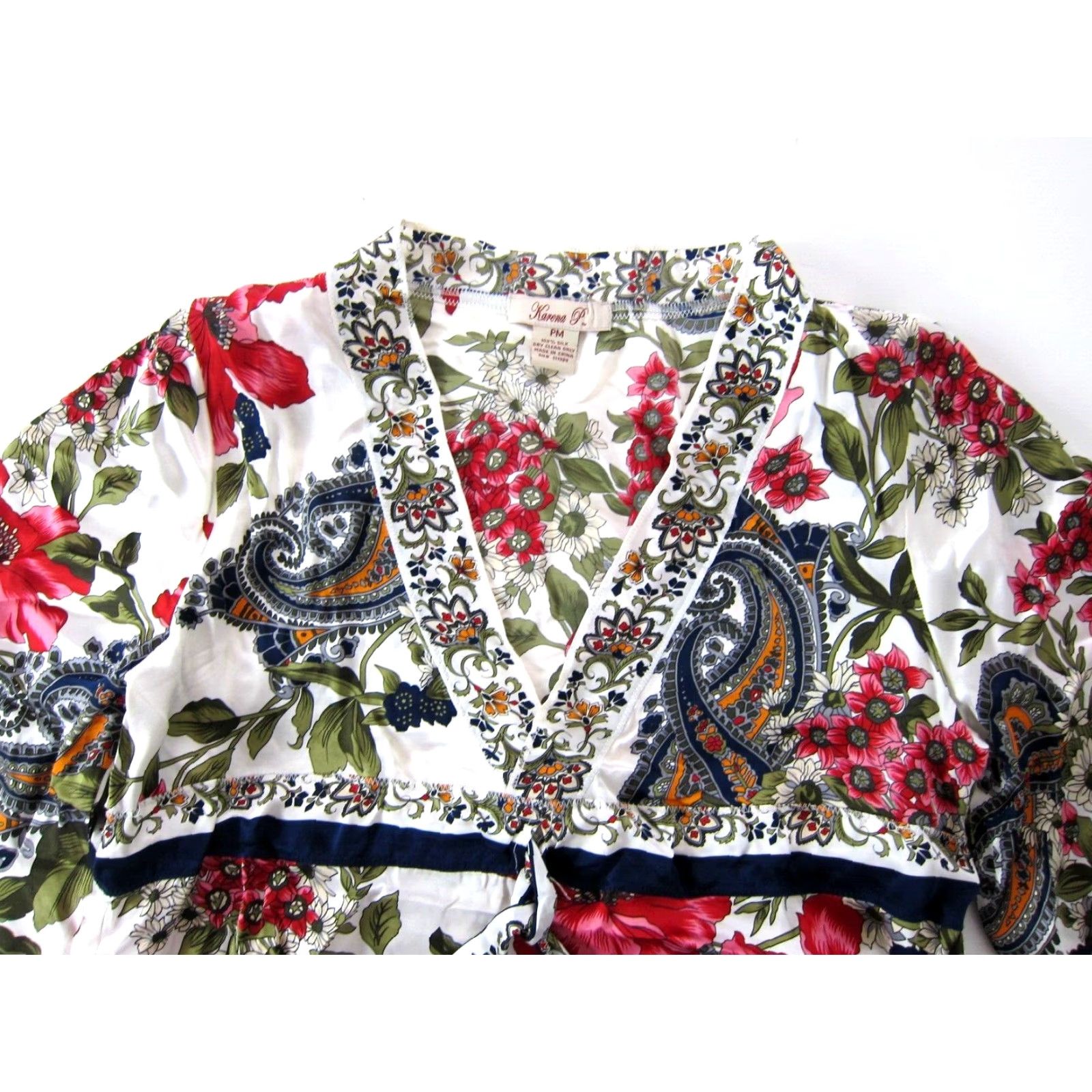 Vintage Karena P 100% Silk Pink Green Blue Orange Floral V-Neck 3/4 Sleeve Blouse PM Blouse Womens Size M / US 6-8 / IT 42-44 - 4 Thumbnail