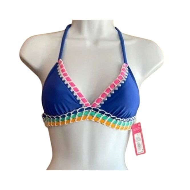 Other Crochet Trim Lined Halter Bikini Top Multicolor Accent Tie B Size ONE SIZE - 1 Thumbnail