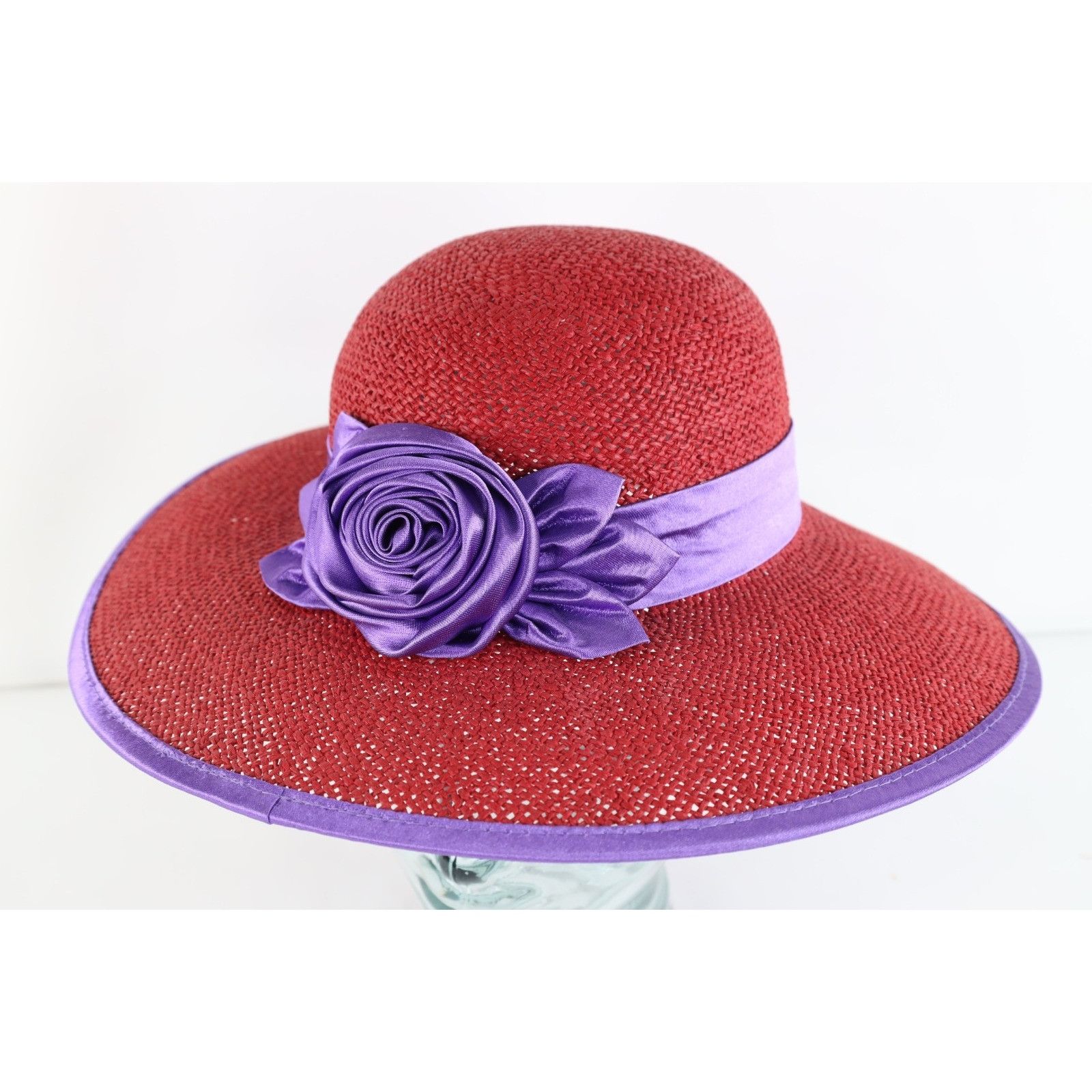 Vintage Vintage 90s Streetwear Satin Rose Flower Wide Brim Straw Hat Size ONE SIZE - 1 Thumbnail
