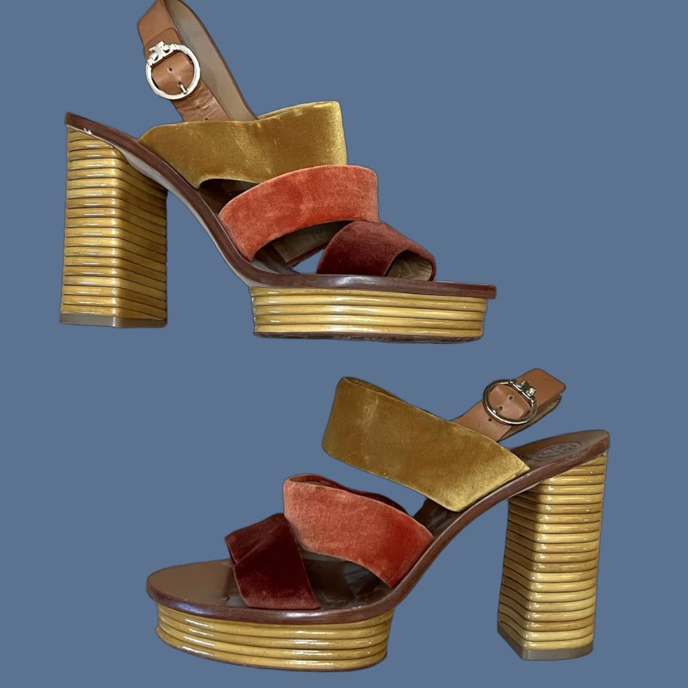 Tory Burch Tory Burch Patos Sandal Platform Velvet Strappy Buckle Heels 8 Women's M Calfskin Bright Pueblo/Bright Lava Block Heel Vintage No Size US 8 / IT 38 - 1 Thumbnail