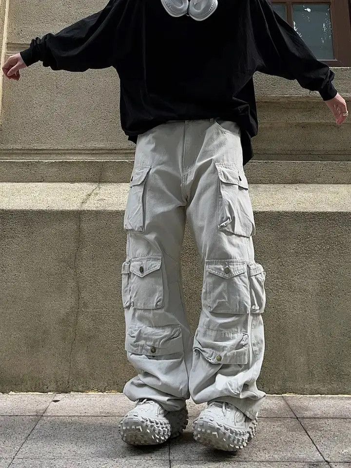 image of Vintage Street Style Multi-Pocket Straight Wide-Leg Cargo in White, Men's (Size 32)