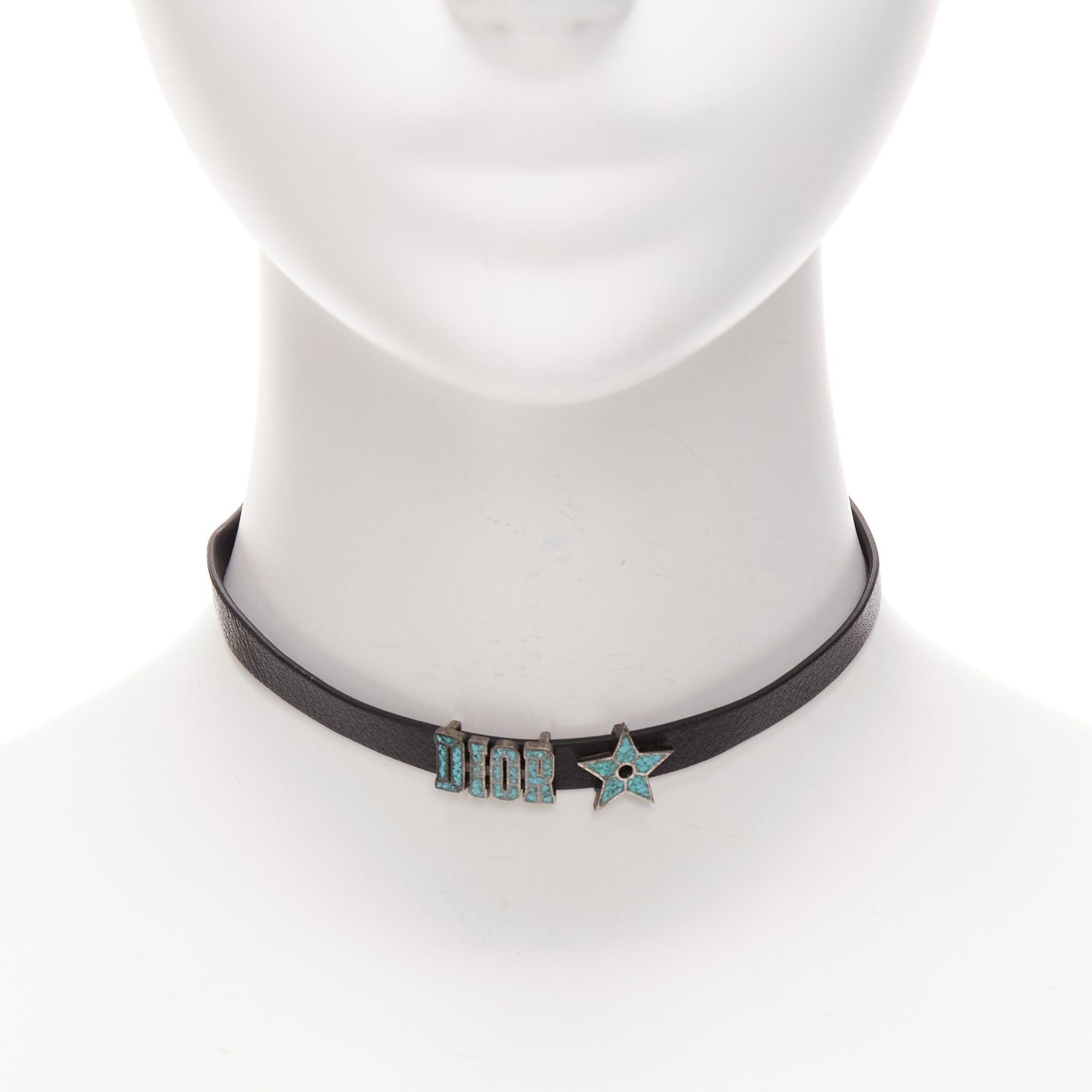 Dior CHRISTIAN DIOR blue marble logo star charm black leather short choker Size ONE SIZE - 1 Thumbnail