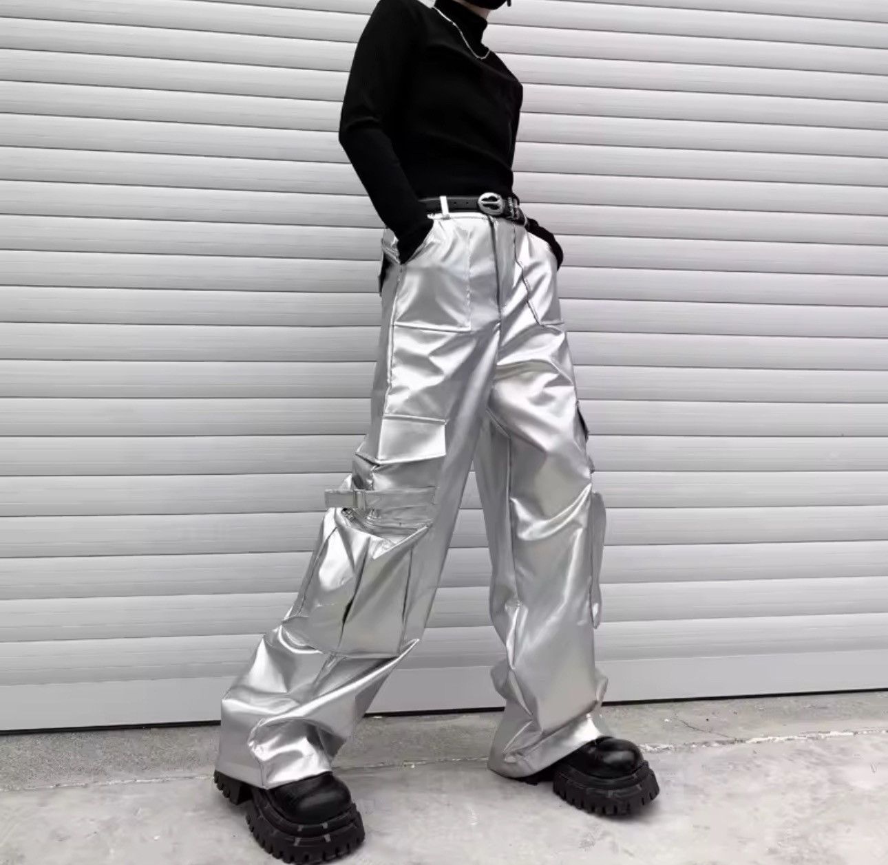 Other Streetwear Silver Loose Leather Hip Hop Pockets Pants Size US 33 - 6 Thumbnail
