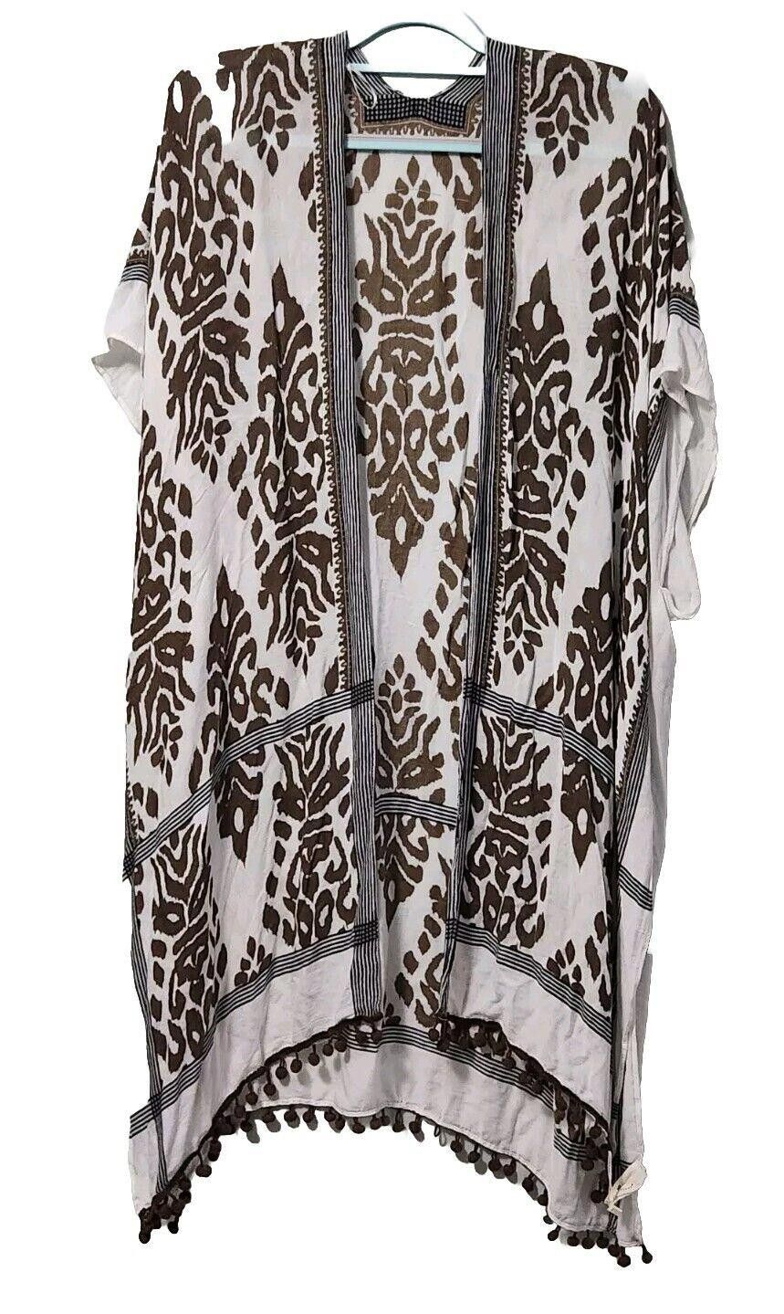 Designer Comfyluxe Kimono Cover Up White Brown Tassled One Size Size ONE SIZE - 1 Thumbnail