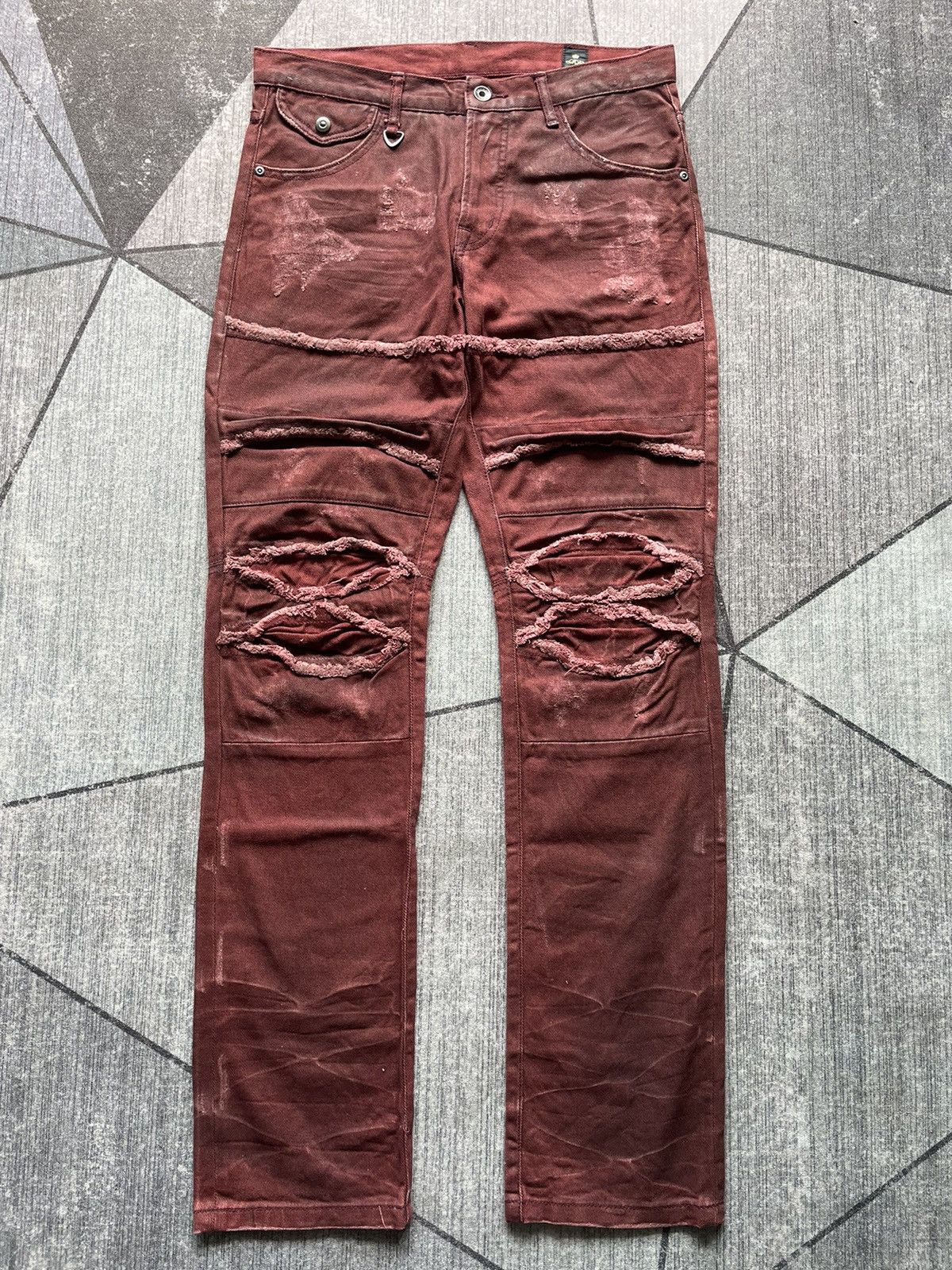 Image of 20471120 x Beauty Beast Vintage Semantic Design Distressed Denim Pants in Blood Red, Men's (Size 33