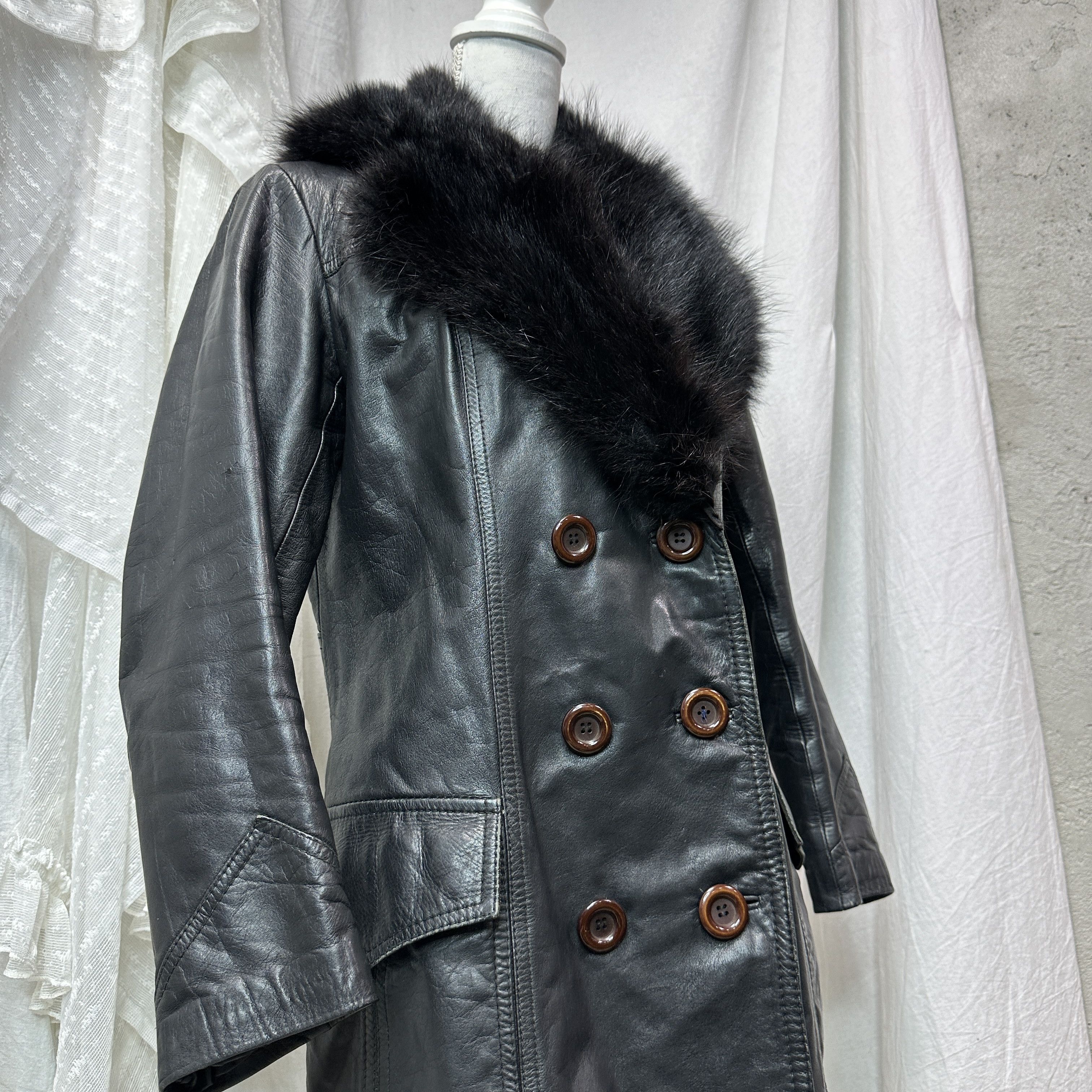 Vintage Vintage Leather Buttoned Buttoned Real Fur Collar Coat 90s Size M / US 6-8 / IT 42-44 - 3 Thumbnail