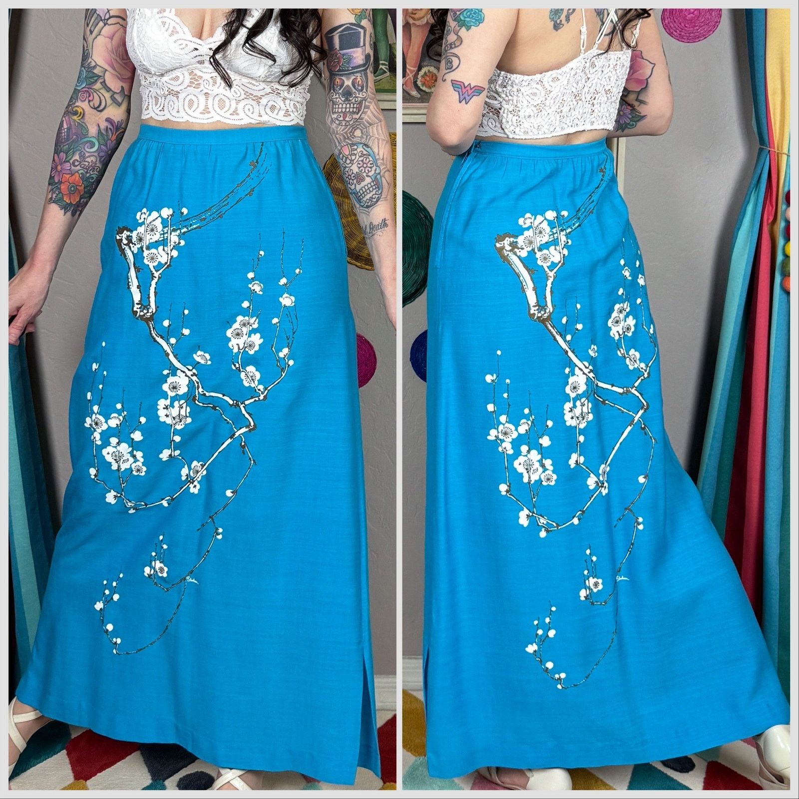 Vintage Vintage 1970s Blue High Waist Cherry Blossom Maxi Skirt Size 26" / US 2 / IT 38 - 3 Thumbnail