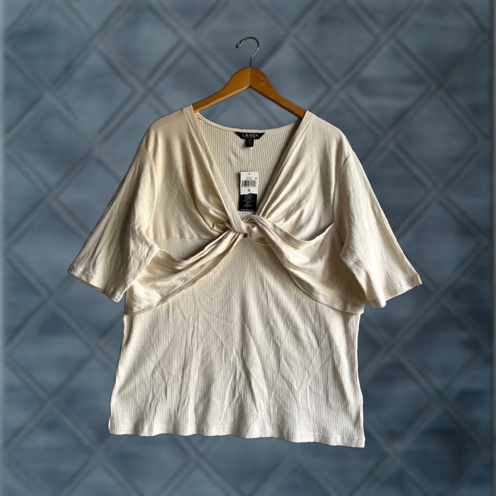 VINTAGE Lauren Ralph Lauren Shirt Women's 3X Cotton Modal Elastane Ivory Rib Knit V-Neck Classic/Fitted Sleeve Winter Casual