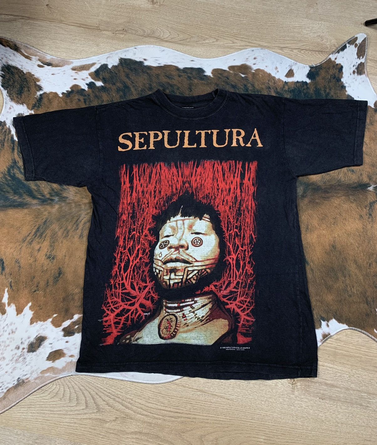 image of Band Tees x Rock Tees Vintage 1996 Sepultura Roots Blue Grape Tee Shirt 90’S in Faded Black (Size L