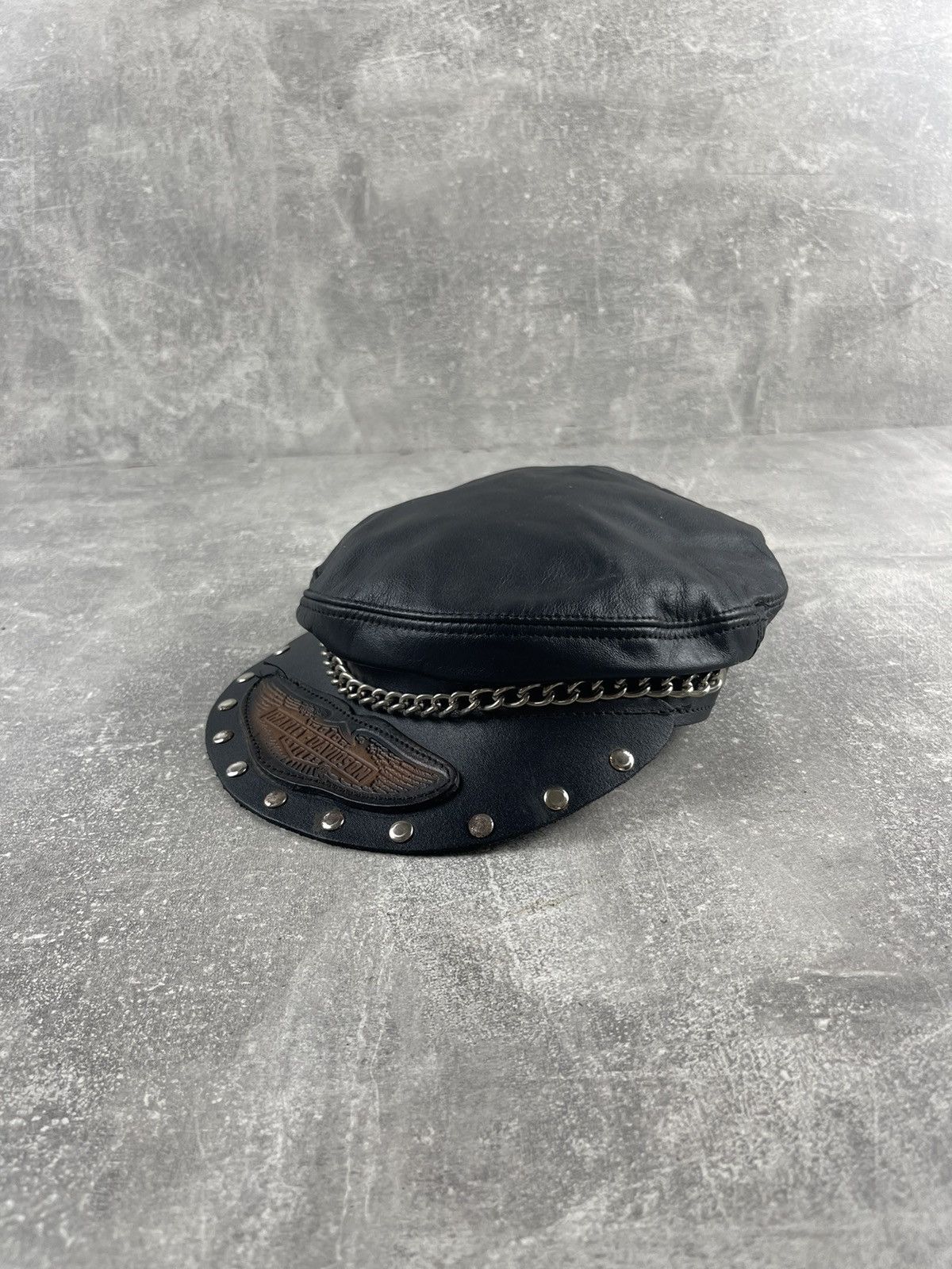 Harley Davidson × Vintage Harley Davidson Punk 80s Leather Logo Chain Captains Cap Size ONE SIZE - 3 Thumbnail
