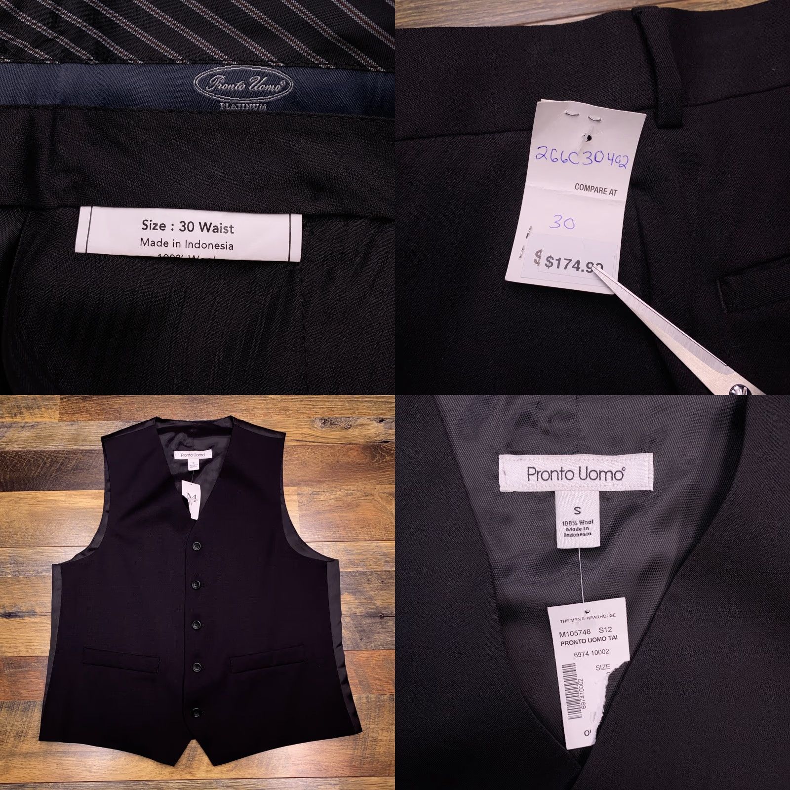 Pronto Uomo Pronto Uomo 3 Piece Suit Jacket Pants Vest Black Wool 38R 30 New Vintage No Size 38R - 11 Thumbnail