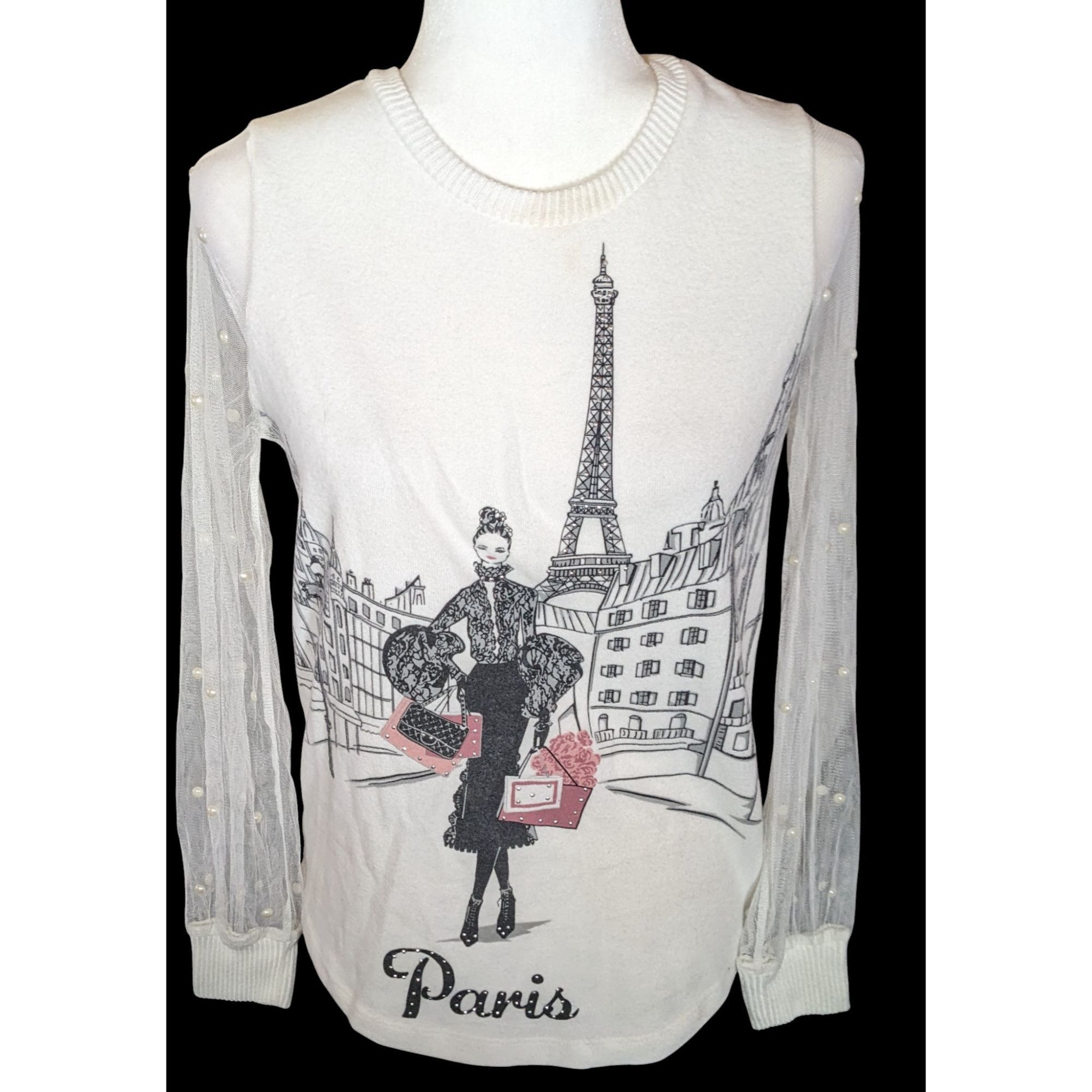 Other Love + Lace Paris Themed Top With Sheer Sleeves And Faux Pea Size S / US 4 / IT 40 - 1 Thumbnail