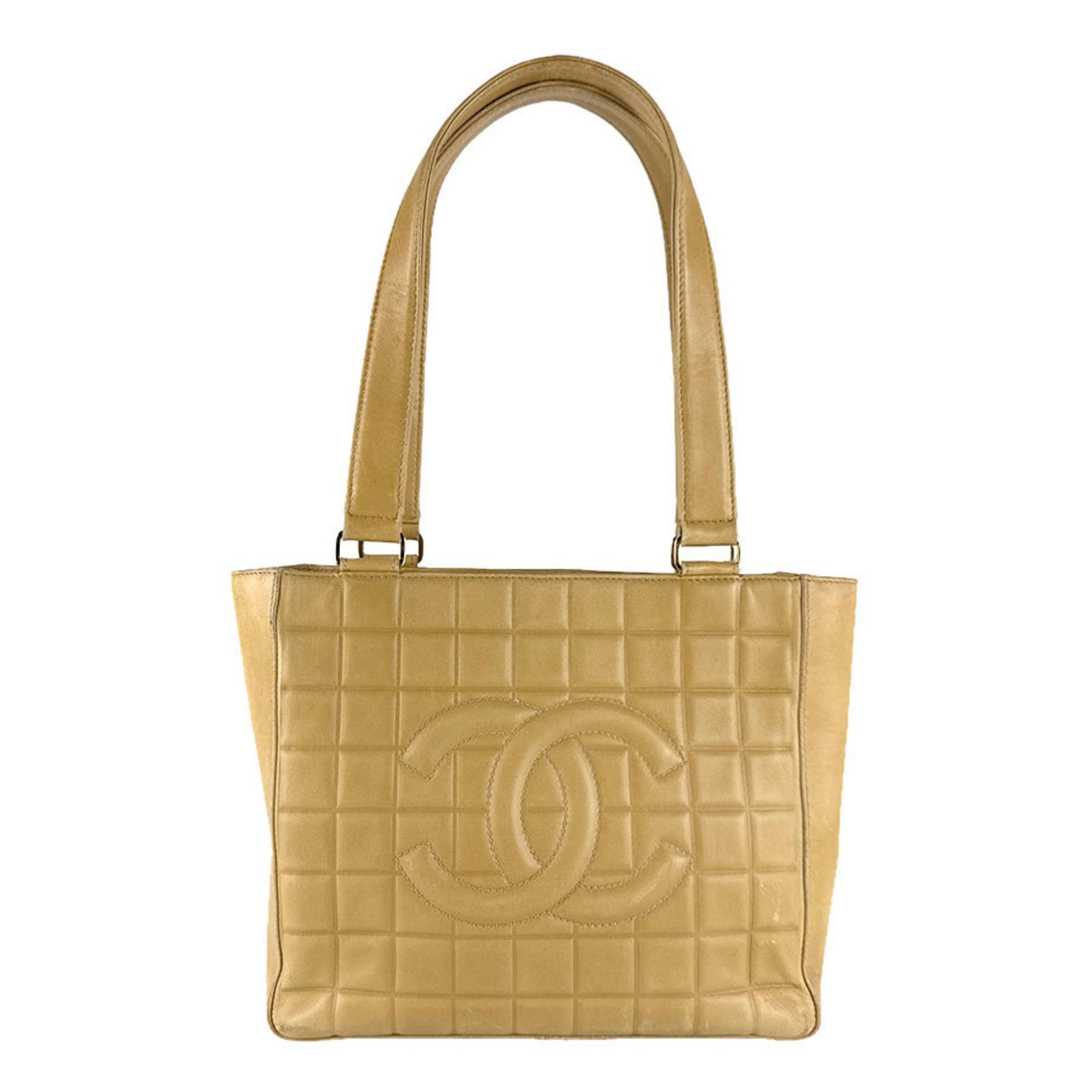 CHANEL Chocobar Leather Handbag Beige Women's z8521