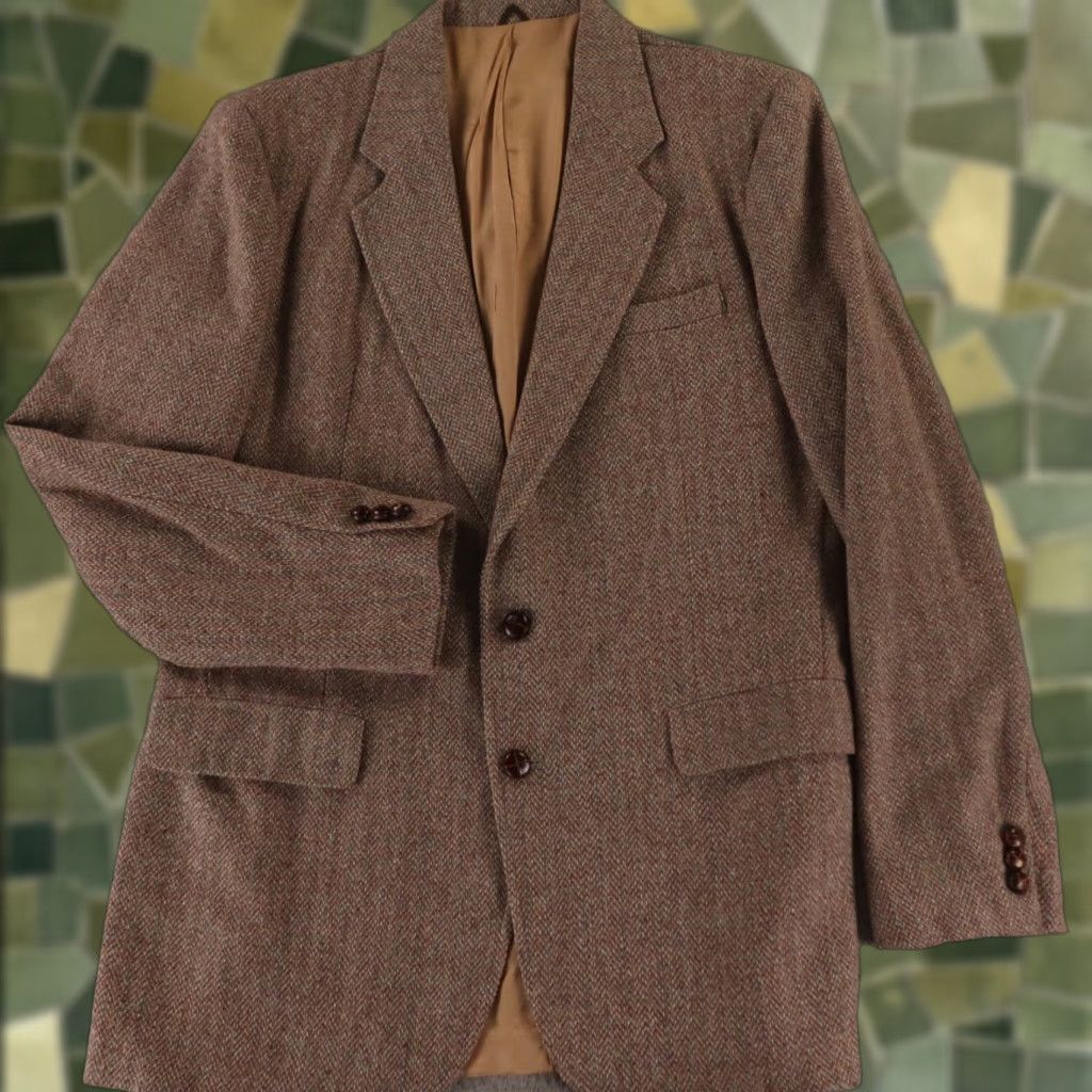 Vintage Tweed Jacket Men 40 Brown Blue Herringbone Wool Blazer