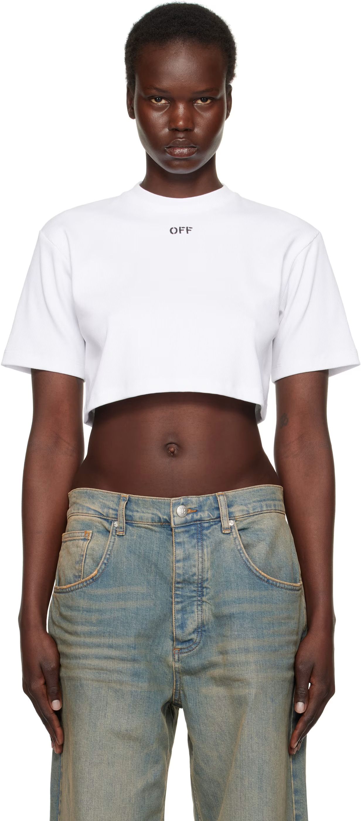 Off-White o1mle0425 Off Stamp Rib Cropped T-Shirt in White Size XS / US 0-2 / IT 36-38 - 2 Thumbnail