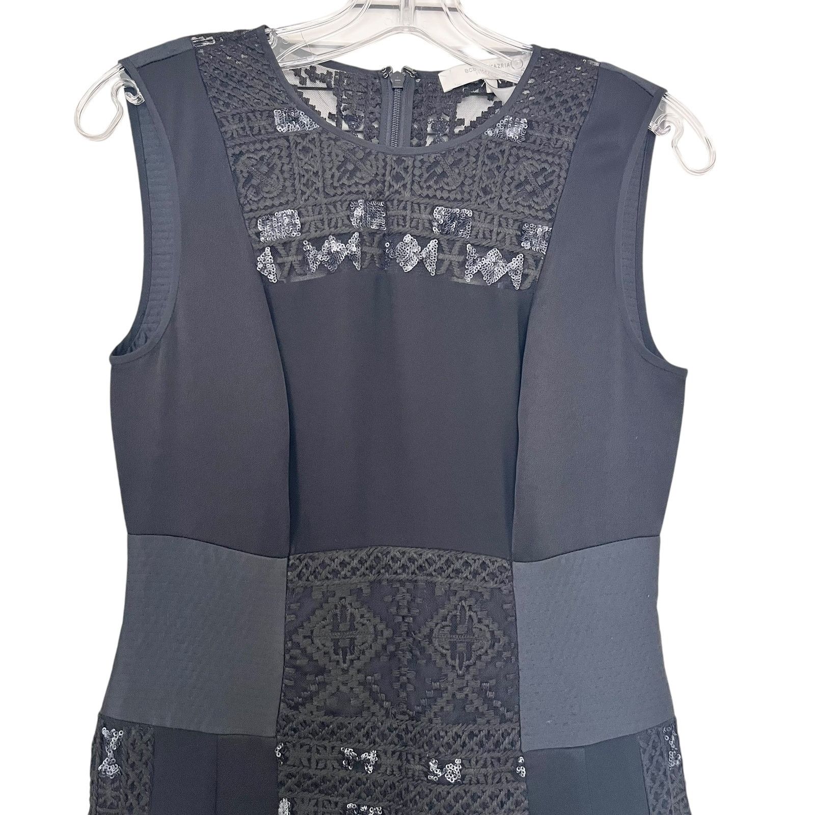 Bcbgmaxazria BCBGMaxAzria Black Crochet Panel Pleated Sheath Midi Dress Size XS / US 0-2 / IT 36-38 - 3 Thumbnail