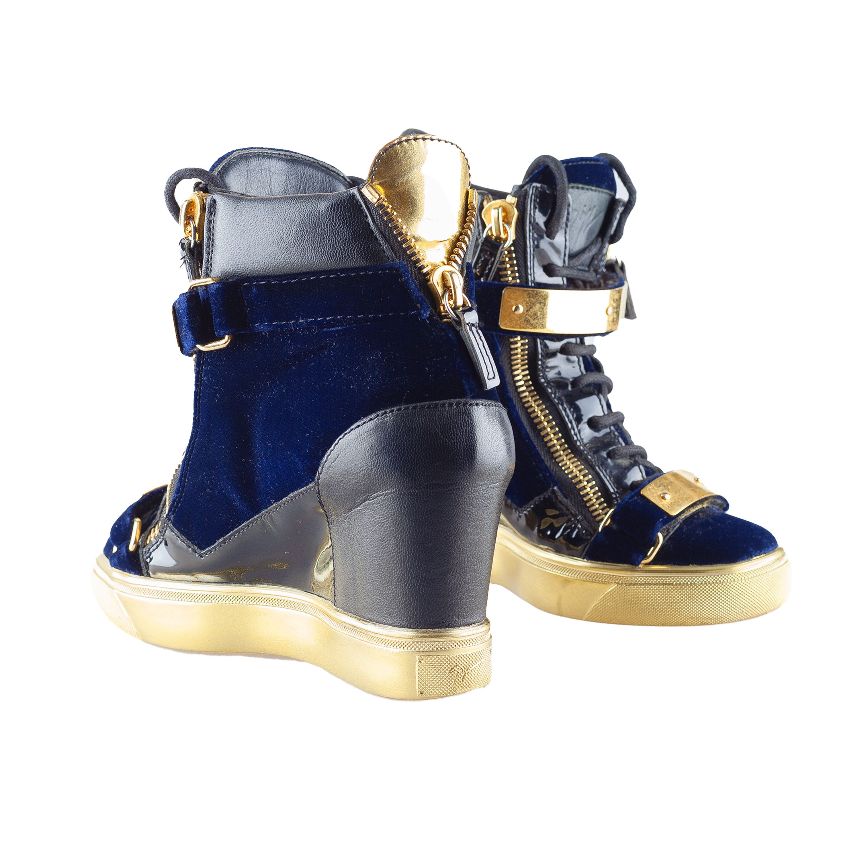 Giuseppe Zanotti Giuseppe Zanotti Navy Golden Velour Wedge Sneakers Size US 6.5 / IT 36.5 - 5 Thumbnail
