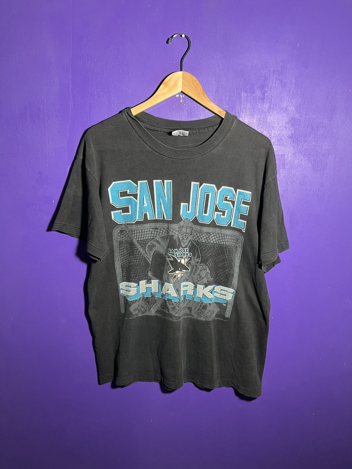NHL × Vintage Vintage 90s San Jose sharks goalie t-shirt Size US L / EU 52-54 / 3 - 1 Thumbnail