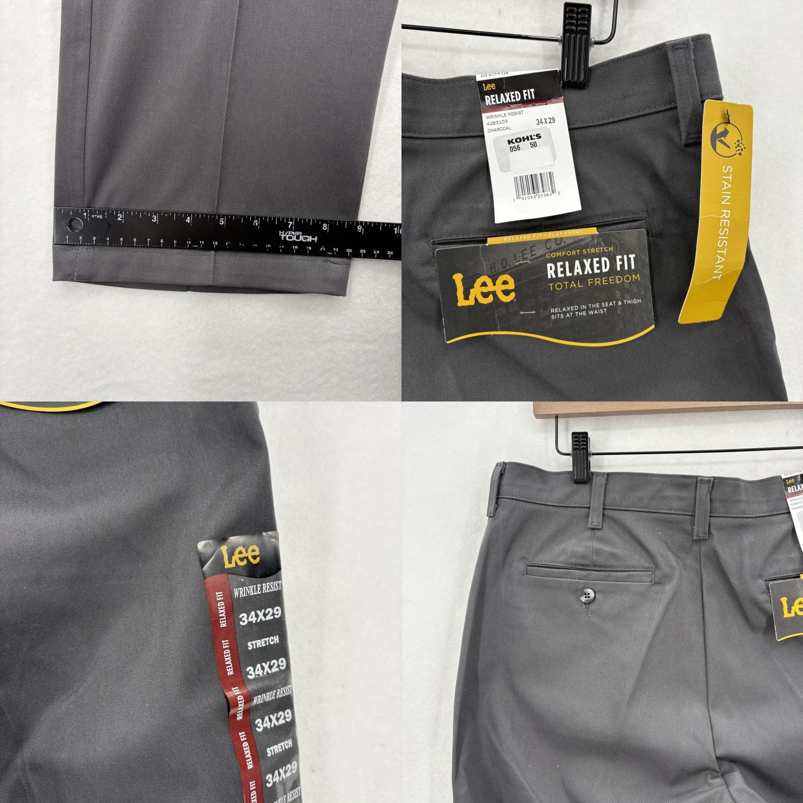 Lee Lee Pants Mens 34x29 Chino Relaxed Fit Stretch Wrinkle Resistant Flat Front Comfort Total Freedom Gray Charcoal Mens Pants Size US 34 / EU 50 - 9 Thumbnail