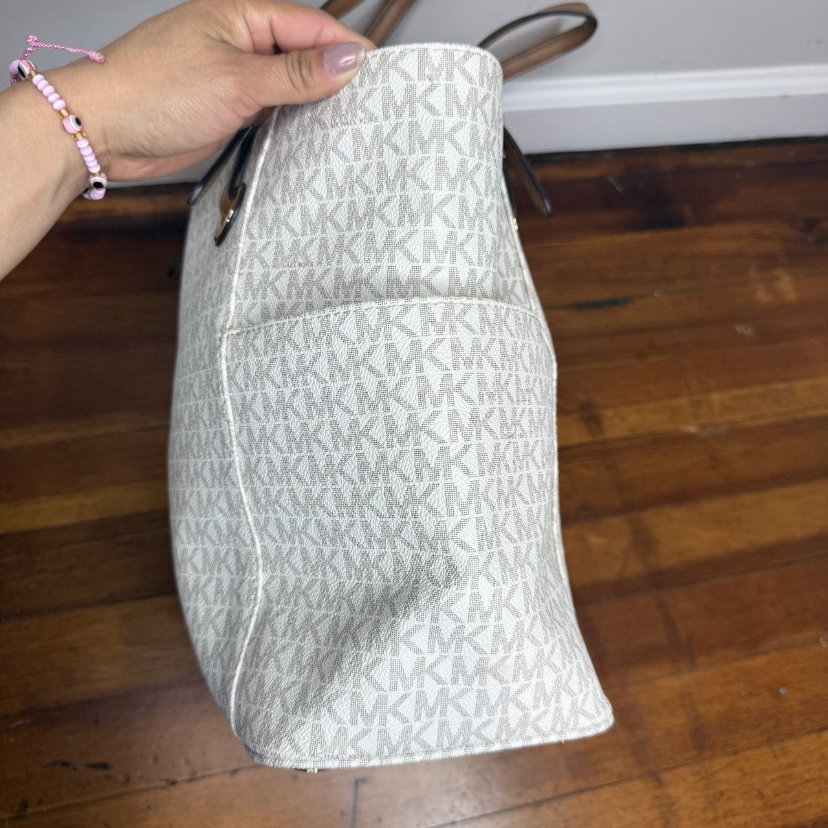 Michael Kors Michael Kors Cream MK Logo Tote with Tan Straps Size ONE SIZE - 3 Thumbnail