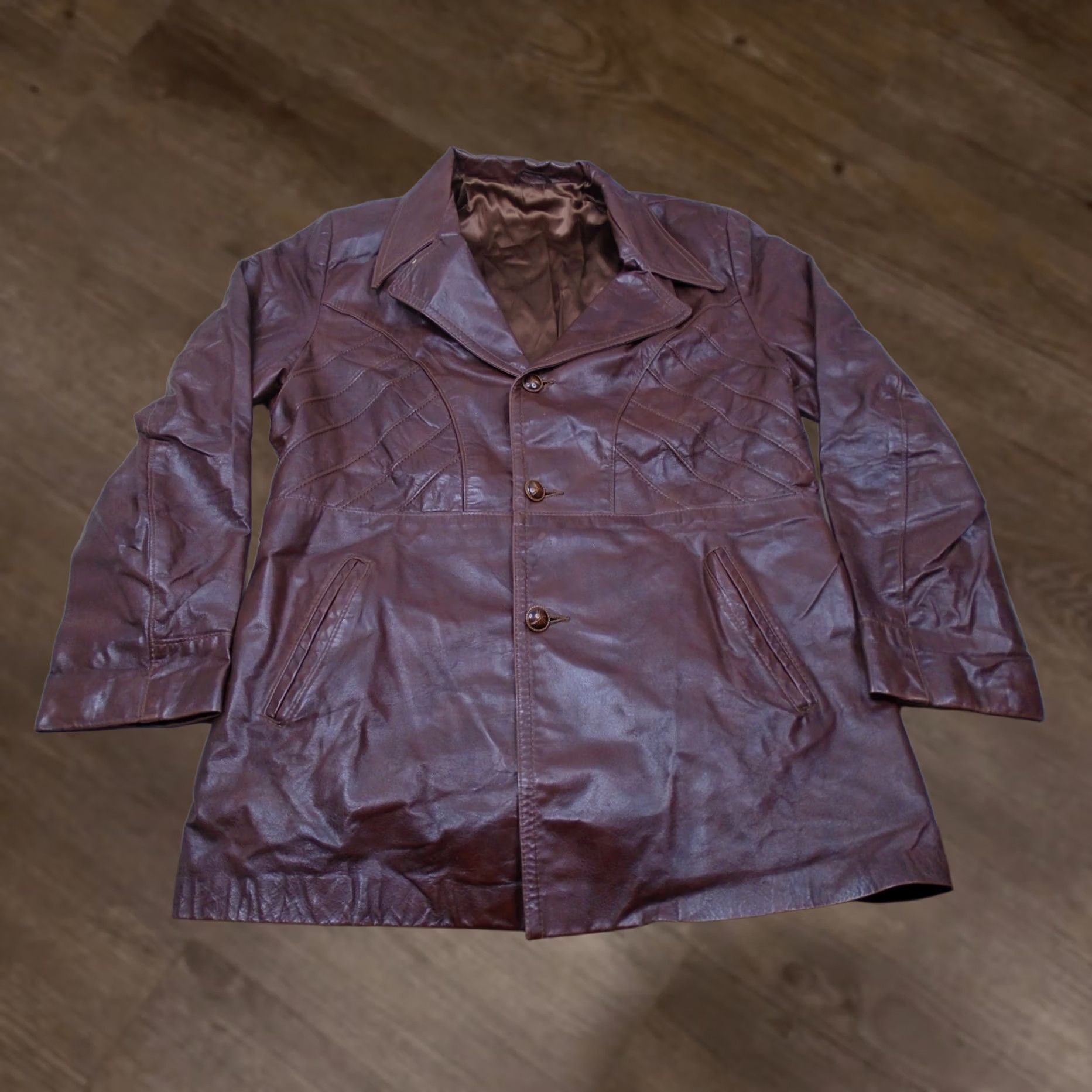 Skin VINTAGE Grais Jacket Leather Car Coat Mens 40 Regular Brown Button Casual Made USA Angel Skin Nappa Size US XXS / EU 40 - 1 Thumbnail