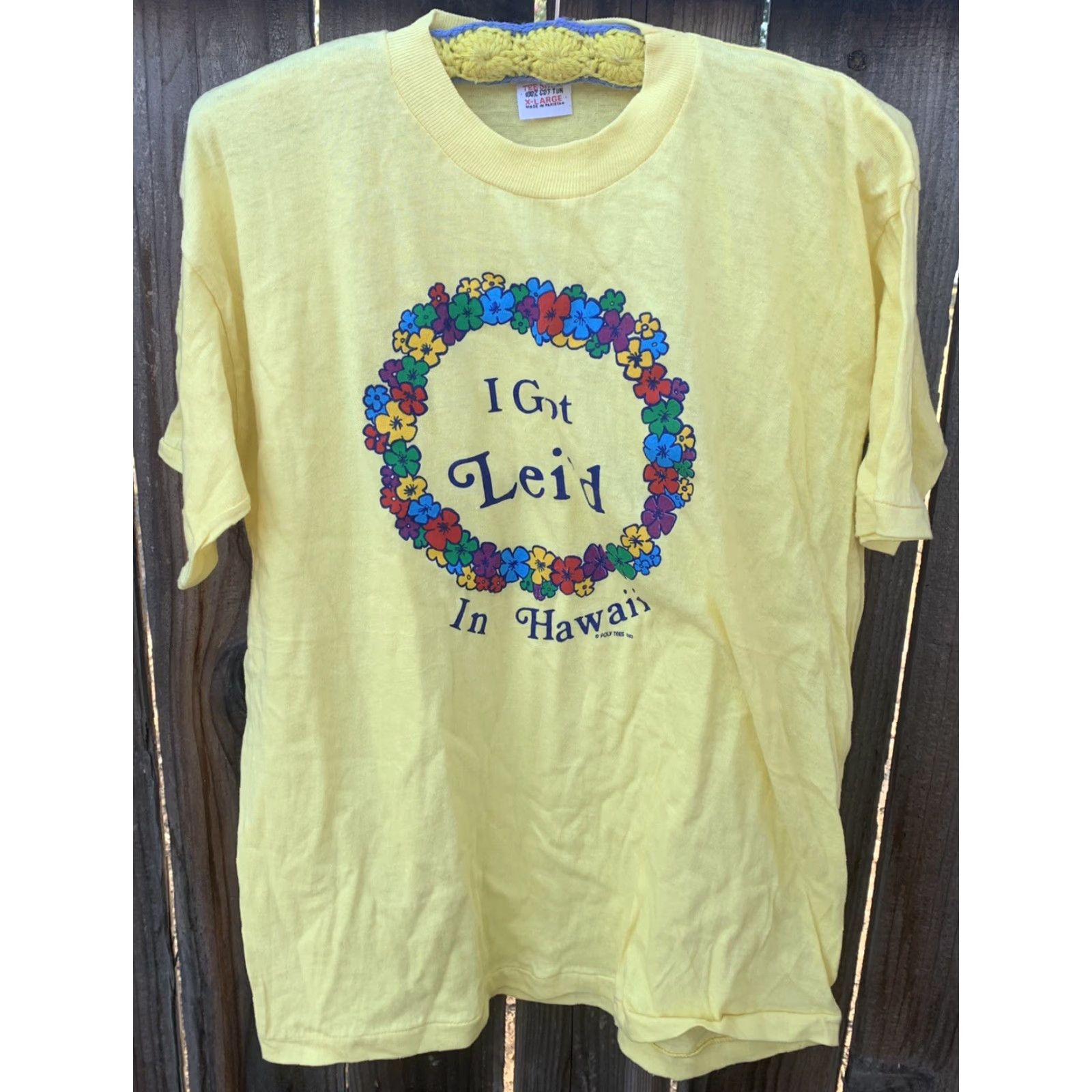 X-LARGE VINTAGE I GOT LEI’D IN HAWAII T-Shirt Poly Tees 1983 size XL single stitch 100% cotton Men T-Shirt Holiday 80s Aloha Hawaiian Size US XL / EU 56 / 4 - 7 Thumbnail