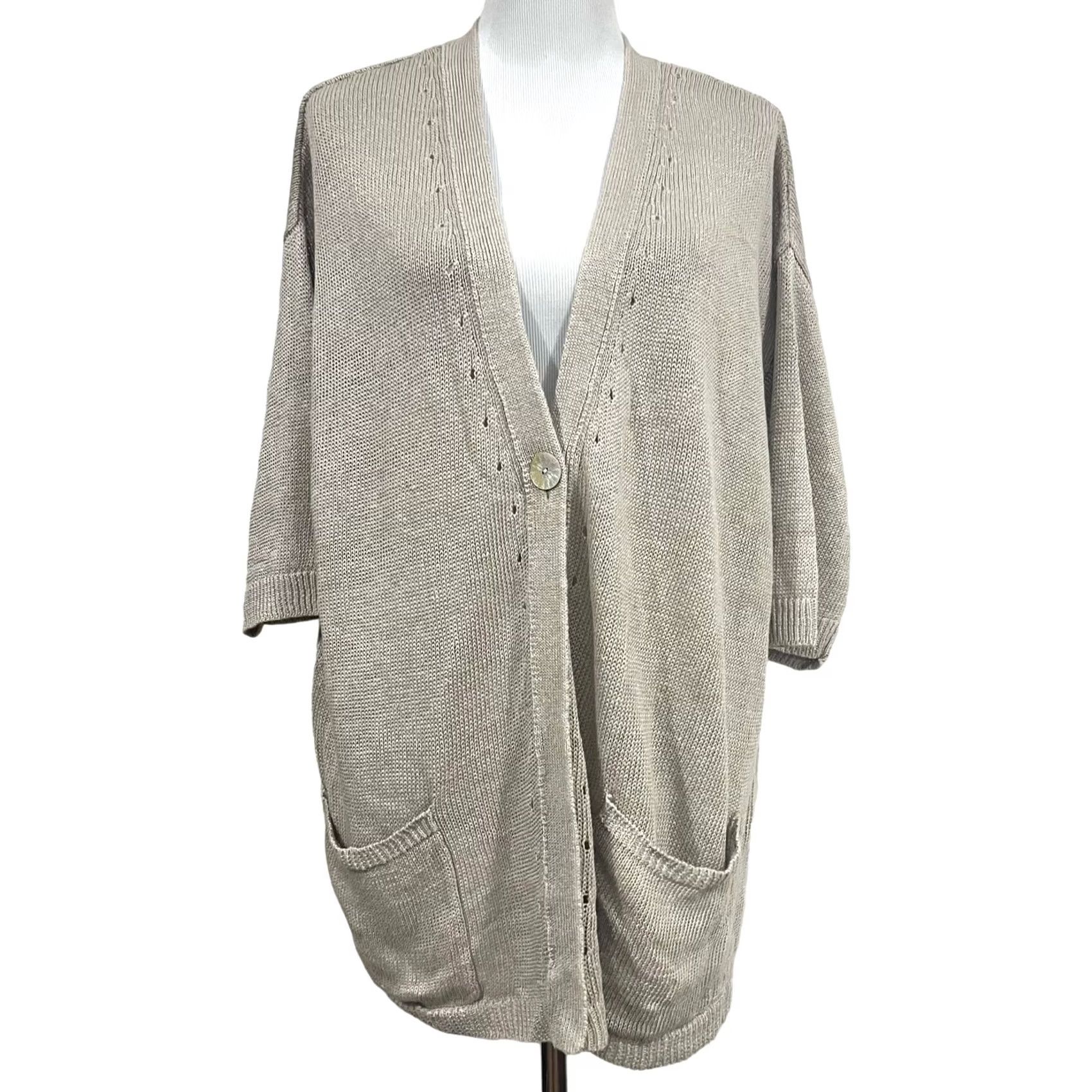 J. Jill VINTAGE J. Jill Love Linen Cardigan Sweater Short Sleeve Pockets Beige Women’s XL Size XL / US 12-14 / IT 48-50 - 2 Thumbnail