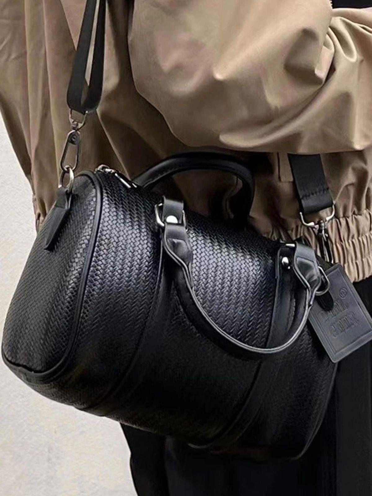 Japanese Brand Black Textured Barrel Crossbody Bag, Shoulder Bag Size ONE SIZE - 1 Thumbnail