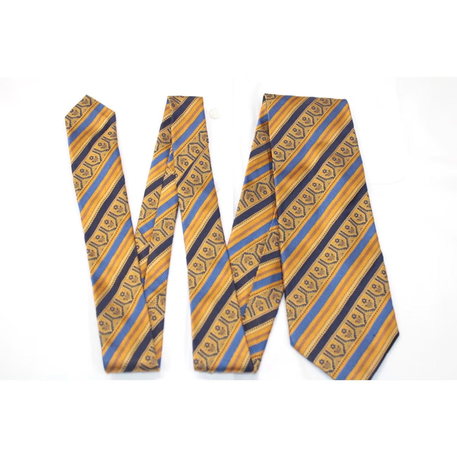 Vintage J.Z. Richards Silk Gold Blue Men's Stripe Geometric Luxury Necktie USA Size ONE SIZE - 2 Thumbnail