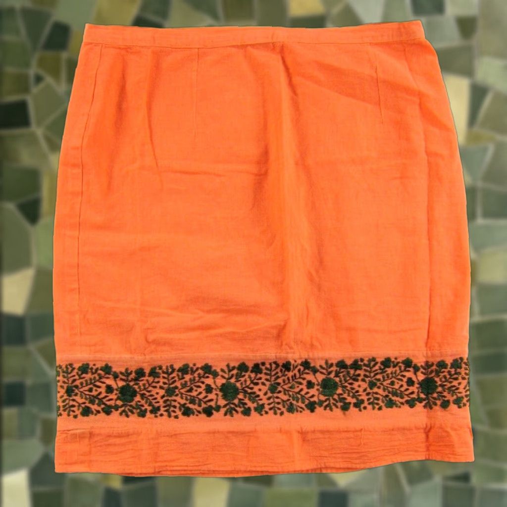 Vintage VINTAGE Unbranded Skirt Women M-L Bohemian Wrap Embroidered Floral Cotton Orange Green Knee Length 100% Cotton Size 32" / US 10 / IT 46 - 1 Thumbnail
